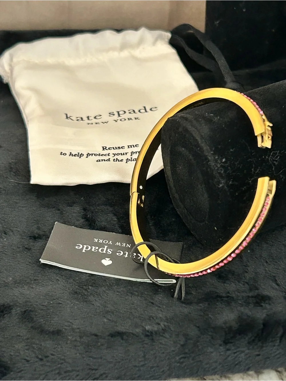 kate spade Gold Tone Hinged Bangle with Pink Crystals